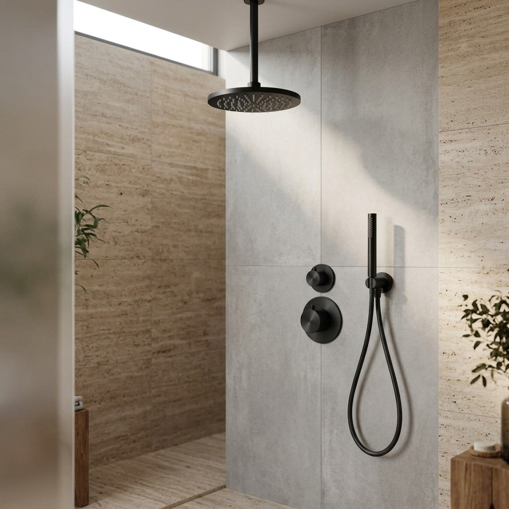 Aquanello Eterna Concealed Thermostatic Shower Set Matte Black with 20 cm Ceiling Arm Rain Showerhead and Handheld Showerhead ET-S-SET4-1-10